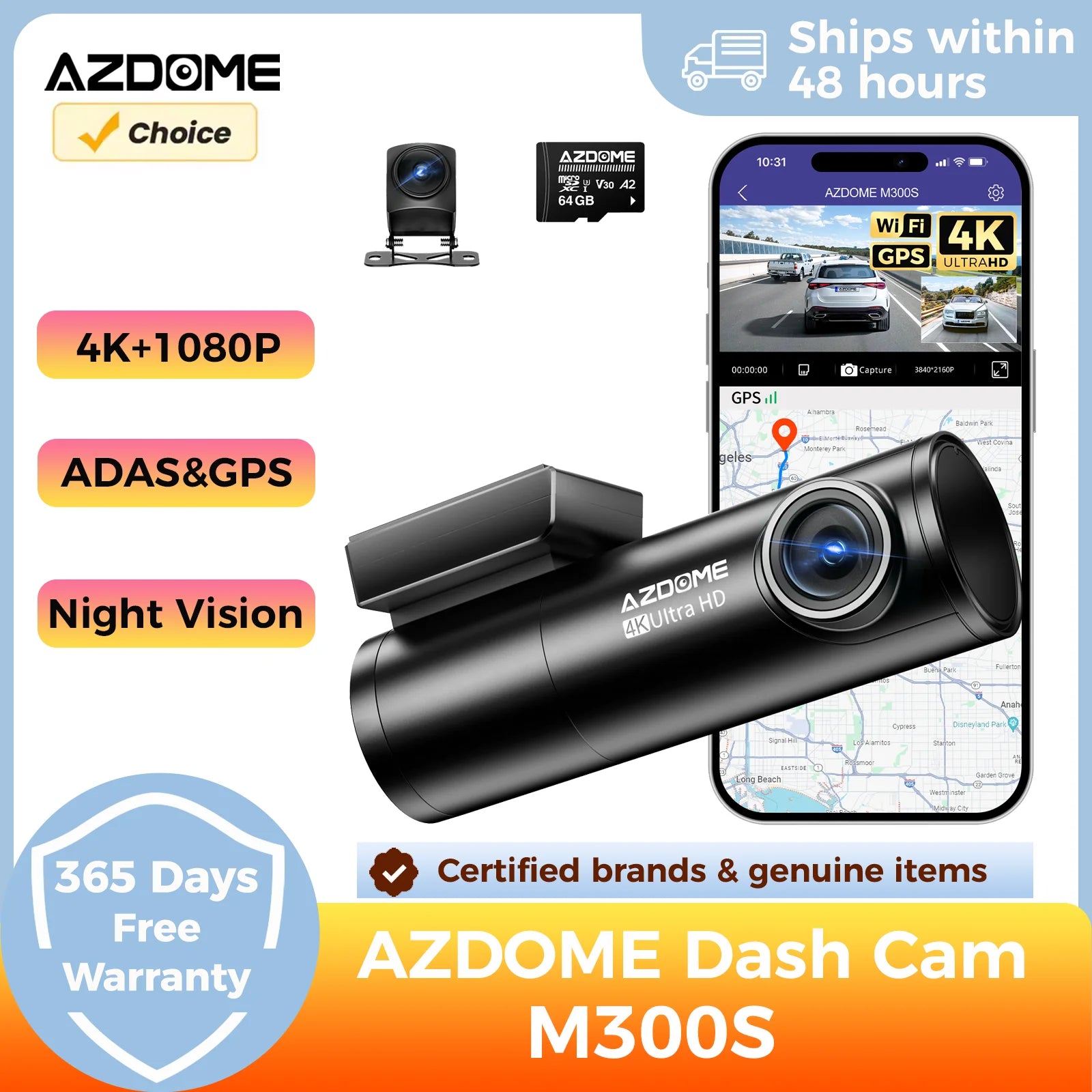 Dual Dash Cam 4K Night Vision With GPS ADAS Parking - Smarsty