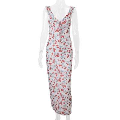 Cryptographic Summer Floral Print Plunge Maxi Dress Outfits Sexy Backless Fairy Sun Dresses Vacation Beachwear Vestido Coquette - Smarsty