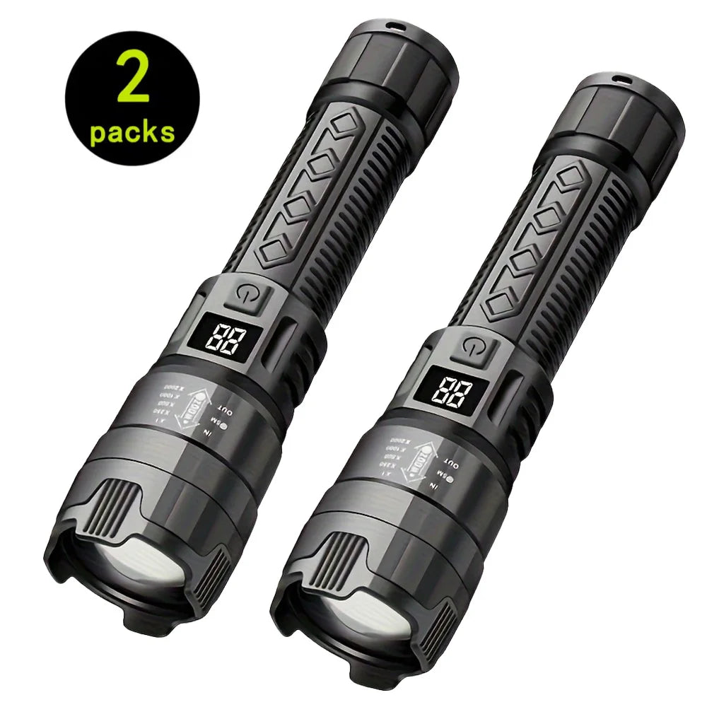 High Strong Power Led Flashlights 2000LM Tactical Torch with Display Light Rechargeable Camping Fishing Emergency Zoom Lantern