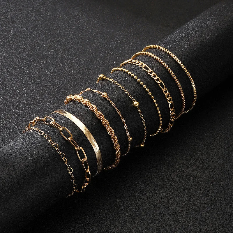 10 Pcs Vintage Gold Chain Bracelets for Women - Smarsty