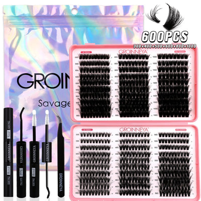 GROINNEYA DIY Lash Clusters Kit Mixed Tray Eyelash Extension Full Set Individual Lashes with Lash Bond&Seal and Tweezers Tool - Smarsty