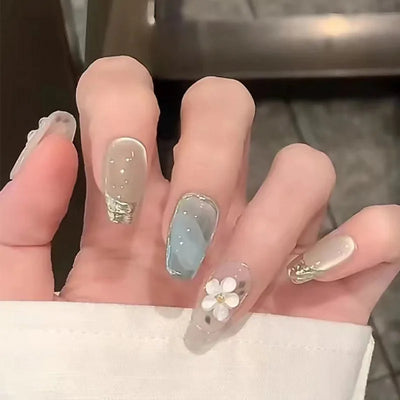 Romantic 24pcs Blue French Style Press On Nails - Smarsty