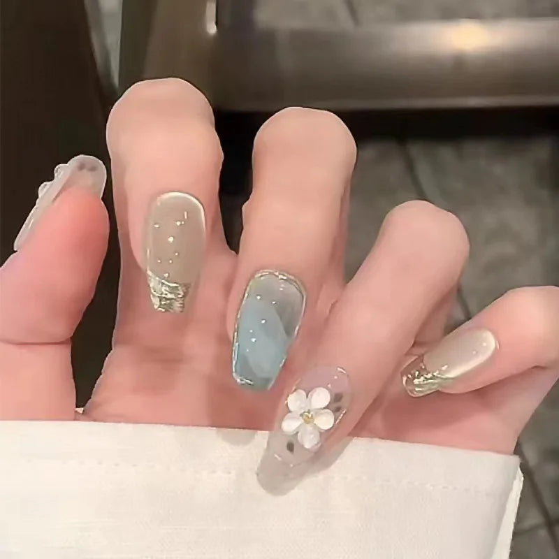 Romantic 24pcs Blue French Style Press On Nails - Smarsty