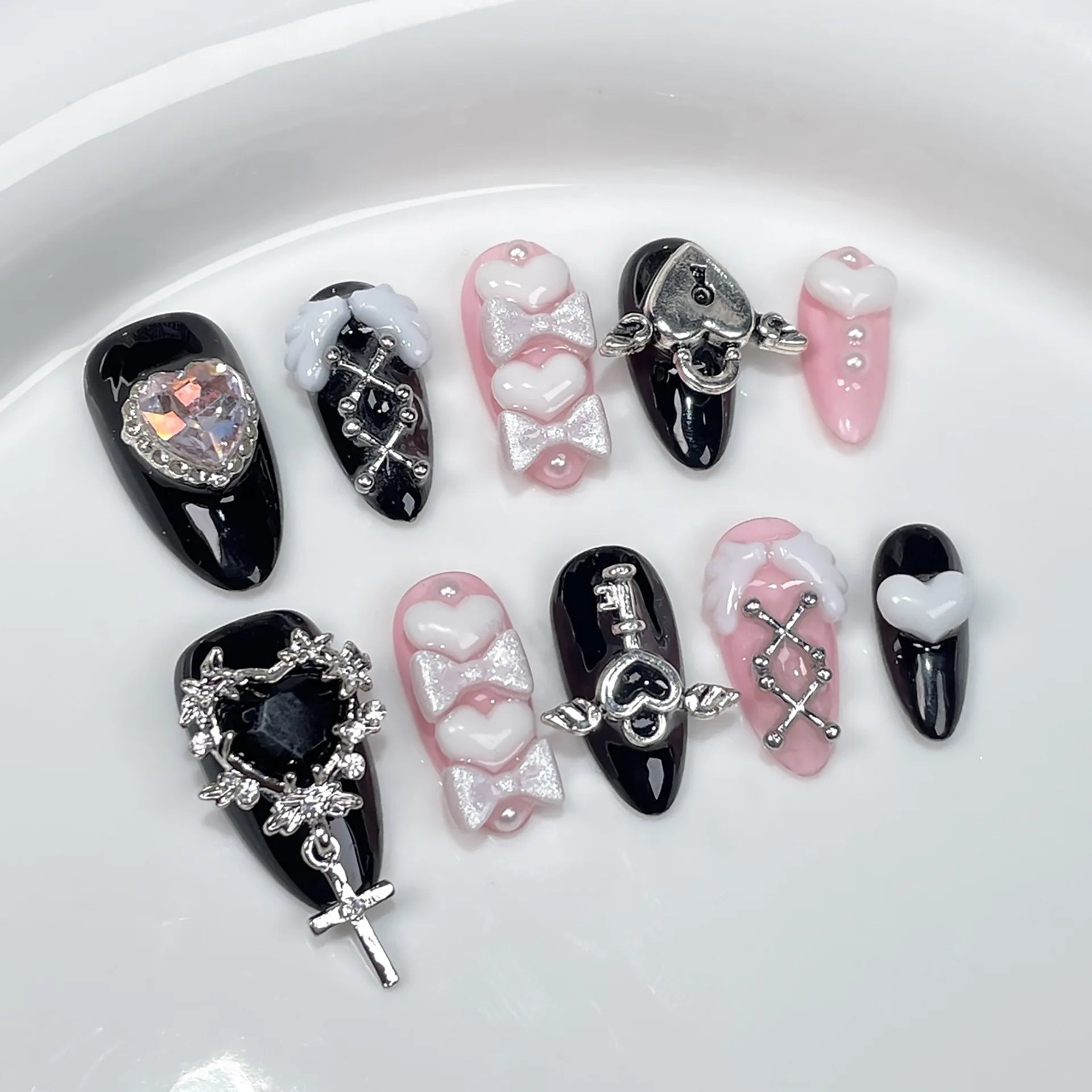 Dark Black Stiletto Press On Nails with Butterfly Design - Smarsty