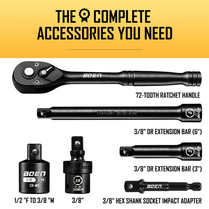 BOEN 3/8" Drive Impact Socket Set, 59-Piece Standard SAE (5/16 to 3/4 inch) and Metric (6-22mm), Include 9-Piece E-Torx Socket
