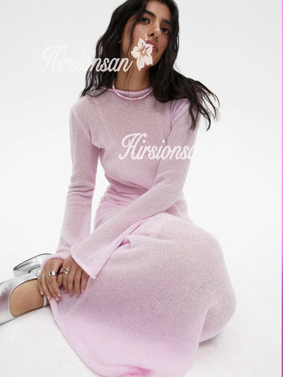 Hirsionsan Spring Autumn O-Neck Elastic Knit Long Dresses Women 2024 Elegant Chic Soft Lady Hollowing Sweater Dresses Femme New - Smarsty