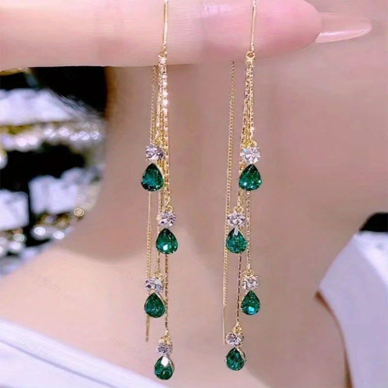 Luxury Green Zircon Drop Earrings with Long Tassel Design - Smarsty