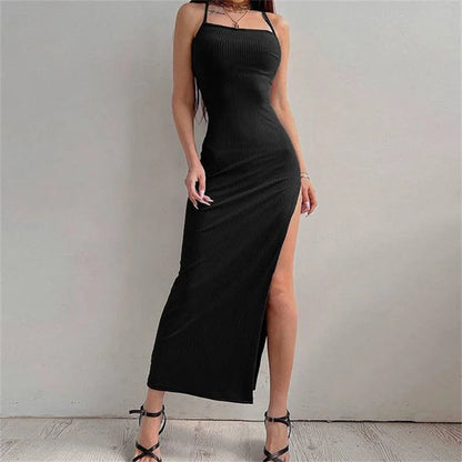 Sexy Black Long Bodycon Dress Women Summer Sleeveless Blackless Halter Neck Spaghetti Strap Dresses High Split Vestidos - Smarsty