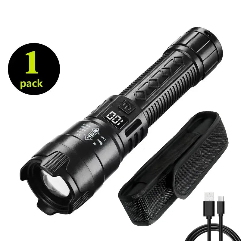 High Strong Power Led Flashlights 2000LM Tactical Torch with Display Light Rechargeable Camping Fishing Emergency Zoom Lantern