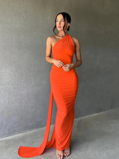 Hugcitar One Shoulder Backless Adjustable Scarf Loop Ruched Sexy Maxi Dress Women Elegant Y2K Streetwear Festival Outfit - Smarsty