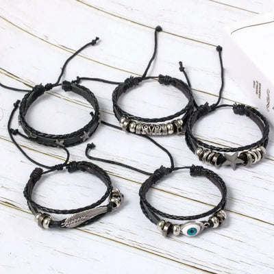 5pcs Evil Eye Braided Leather Bracelet Set - Smarsty