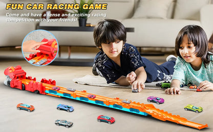 Dinosaur 3-In-1 Transport Truck Car Toys for Boys Age 3+ 8 Race Cars Ejection Folding Portable Track Toy with Sound for Kids