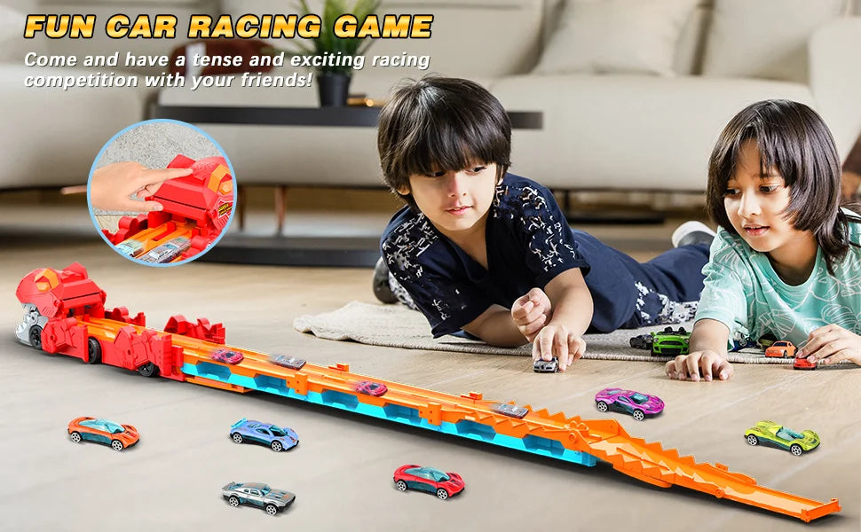 Dinosaur 3-In-1 Transport Truck Car Toys for Boys Age 3+ 8 Race Cars Ejection Folding Portable Track Toy with Sound for Kids