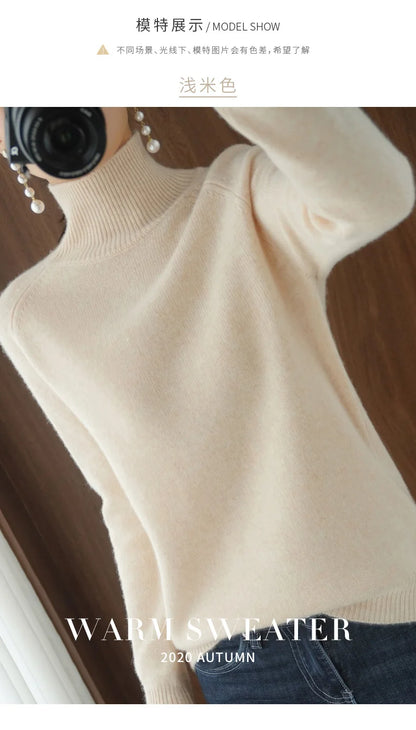 Fashion Basic Autumn Winter  Merino Wool Sweater Mock Neck Cashmere Pullover  Solid Color Soft Long Sleeve Clothing Tops - Smarsty