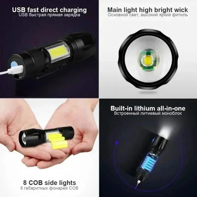 Portable Rechargeable LED Flashlight with Pen Clip Zoomable Waterproof Torch with Side Light Outdoor Camping Emergency Lantern - Smarsty