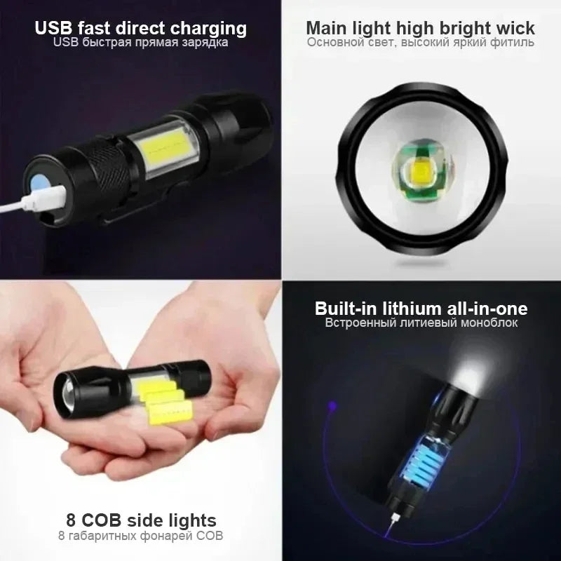 Portable Rechargeable LED Flashlight with Pen Clip Zoomable Waterproof Torch with Side Light Outdoor Camping Emergency Lantern - Smarsty