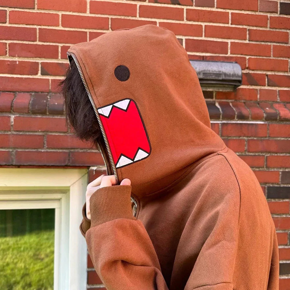 Domo kun Unisex Embroidered Jacket Long Sleeve Zipper Hooded Sweatshirt for Autumn Winter Cardigan