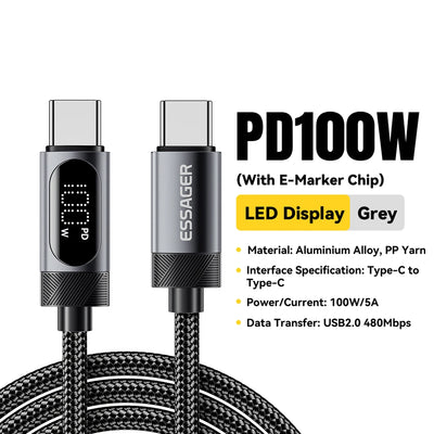 Essager Digital Dispaly USB C Cable For iPhone 17 16 15 Xiaomi Huawei 100W PD Fast Charging For Macbook iPad Type C to C Cable - Smarsty