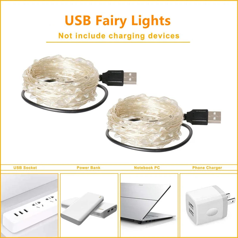 USB Led Fairy Lights Copper Wire String 20M 200LED Holiday Outdoor Lamp Garland For Christmas Tree Wedding Party Decoration - Smarsty