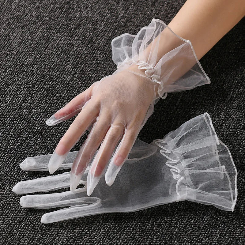 Women Lace Tulle Gloves Stretchy Full Finger Wedding Gloves - Smarsty