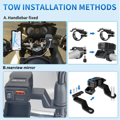PD QC3.0 Motorcycle USB Fast Charger 60W Handlebar Dual USB Socket with Switch Voltmeter Waterproof 12V Power Supply Adapter - Smarsty