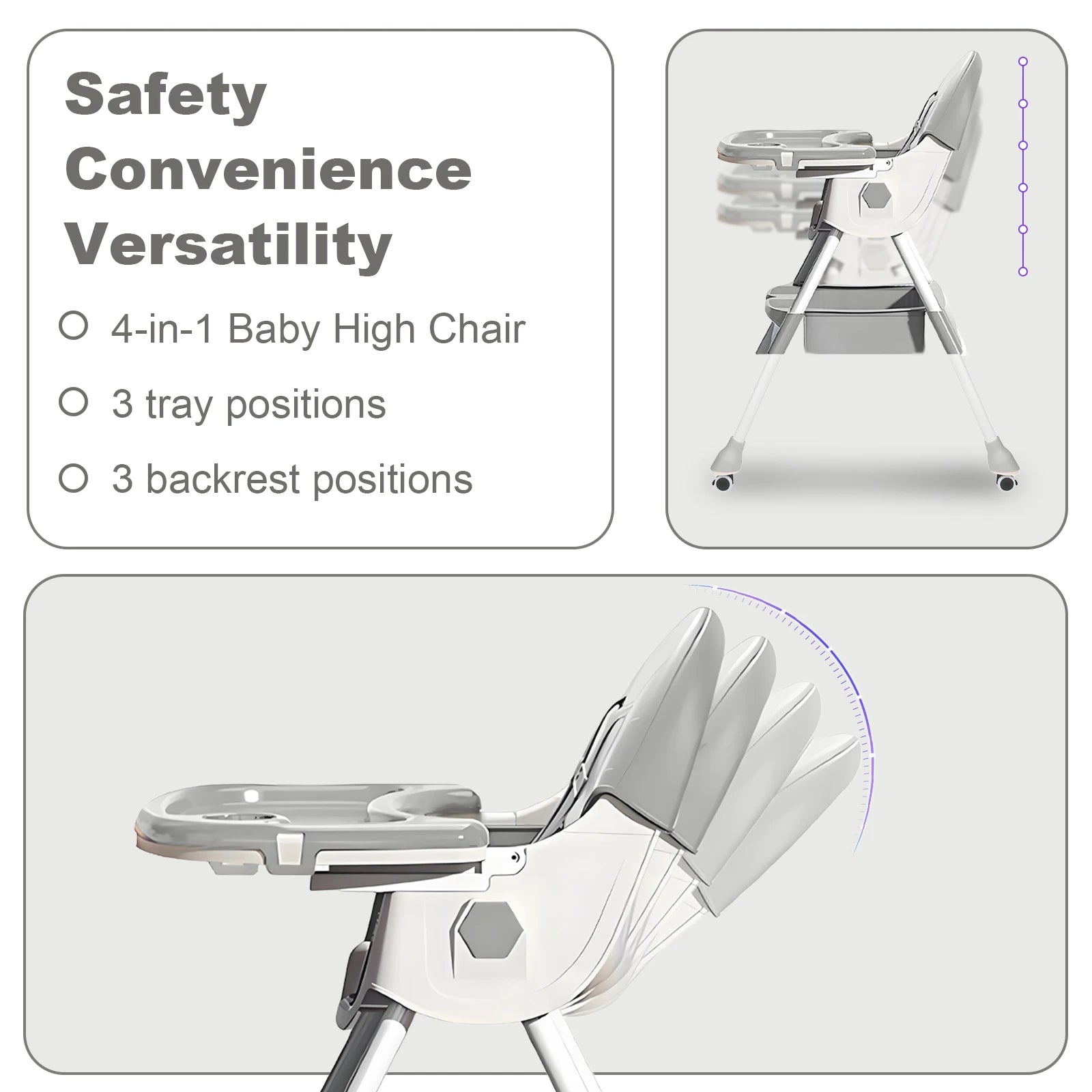 Foldable Baby High Chair 4-in-1 Foldable Reclining Feeding Table Chair Seat 7 Heights With Toyrack Easy To Clean Feeding