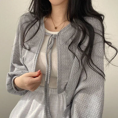 White Knitted Cardigan for Women Summer Thin Sunscreen Lace-Up Knitwear Tops Female Fashion Korean Lantern Sleeve Short Coat - Smarsty