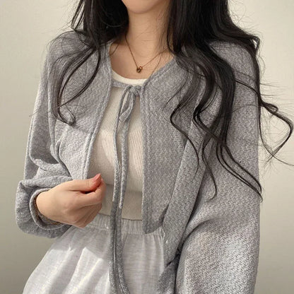 White Knitted Cardigan for Women Summer Thin Sunscreen Lace-Up Knitwear Tops Female Fashion Korean Lantern Sleeve Short Coat - Smarsty
