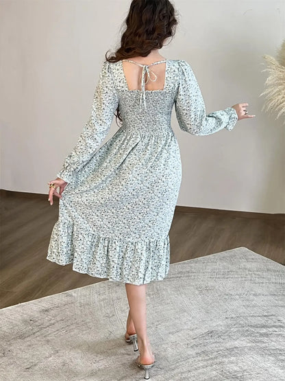 Long Sleeve Casual Dress Women Chiffon Dresses Autumn Spring A-line Printed Floral Elastic Chest Lace Up Midi Dresses Vestidos - Smarsty