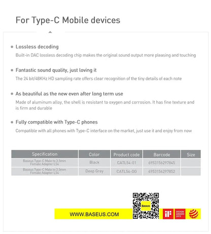 Baseus Type C to 3.5mm Audio Adapter for Headphones - Smarsty