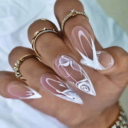 24 Piece Long Almond Press On Nails White French Tip - Smarsty