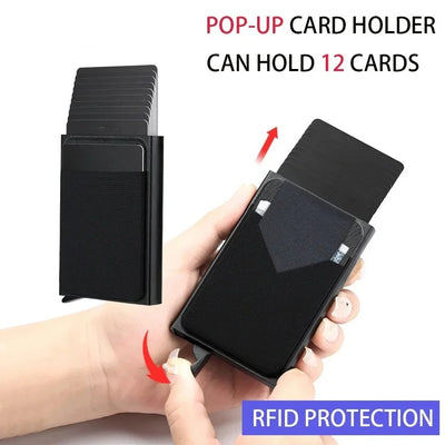 Men's Slim Mini RFID Wallet Aluminum Automatic Pop Up Card Case with Elastic Back Pouch, ID Credit Bank Card Holder Purse - Smarsty