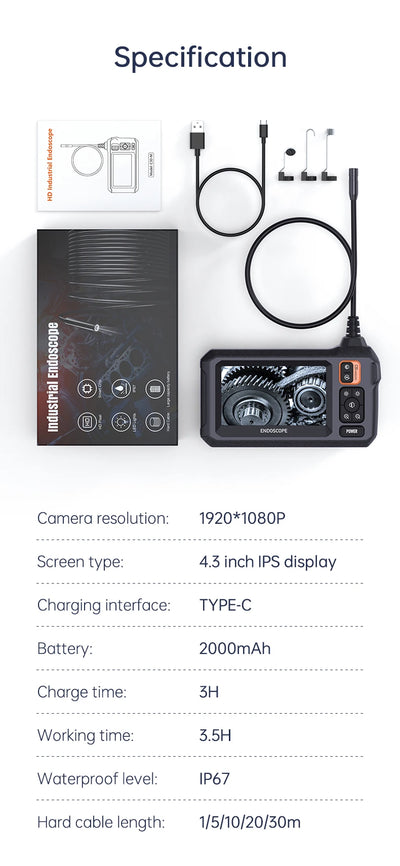 Industrial Endoscope Camera 8mm HD1080P 4.3inch IPS Screen 1080P Pipe Inspection Camera for Car Repair IP67 Waterproof 8 LEDS - Smarsty