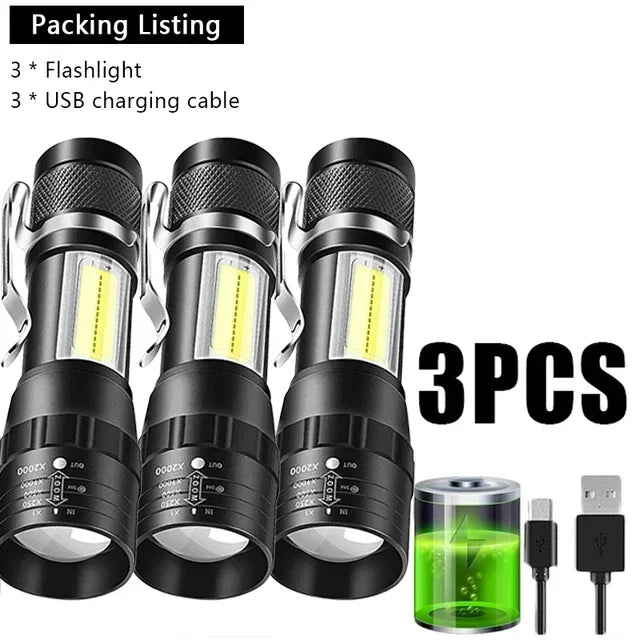 Portable Rechargeable LED Flashlight with Pen Clip Zoomable Waterproof Torch with Side Light Outdoor Camping Emergency Lantern - Smarsty