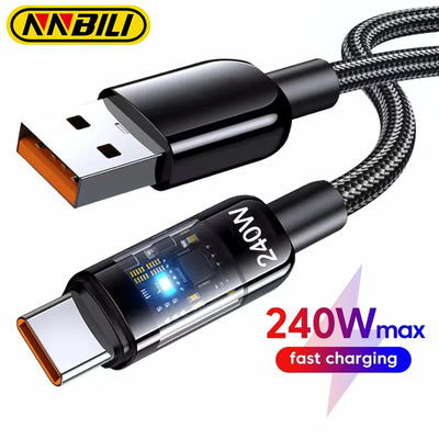NNBILI USB C Quick Charging Cable 240W Nylon Braided Transparent Type C High-speed Charger Wire for Samsung Huawei Mi Data Line - Smarsty