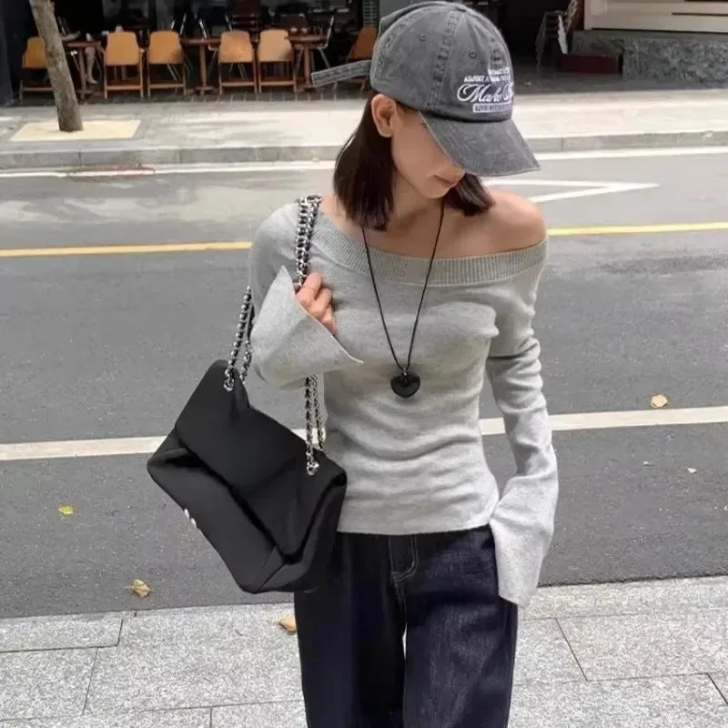 Sexy Pullovers Women Off Shoulder Cropped Knitted Basic Clothes Autumn All-match Side Slit Simple Tender Slim Gentle Seductive - Smarsty