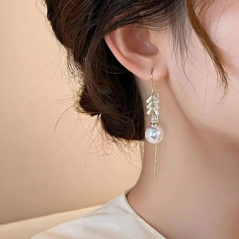Korean Pearl Tassel Drop Earrings for Women with Zircon Detail - Smarsty
