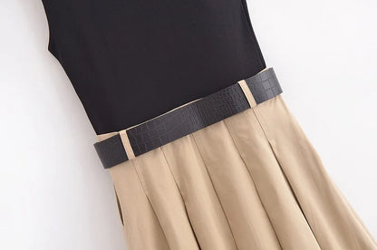 MUJER 2025 Woman Dresses Belt Pleated Midi Dress Women Sleeveless Summer Dress Woman Knitted Party Dresses for Women Sundress - Smarsty