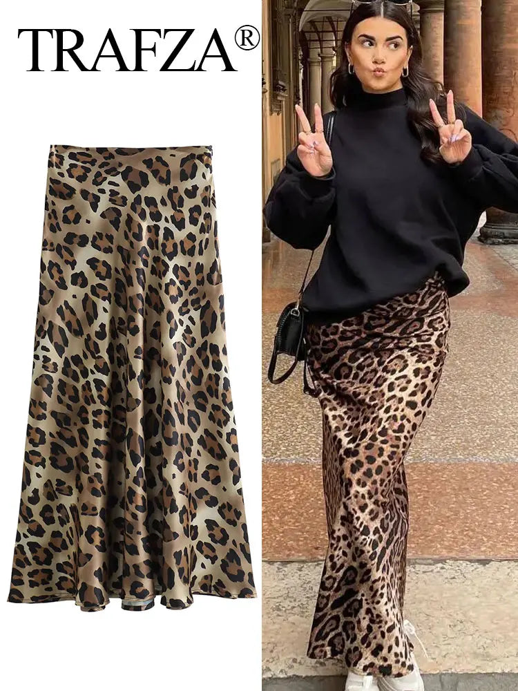 TRAFZA 2024 Women Fashion Leopard Print Skirt Vintage High Waist Midi Skirts Elegant Women Summer Casual Streetwear Skirt - Smarsty