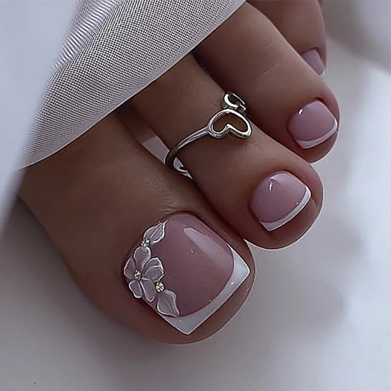French False Toenails with Heart Rhinestone Design - Smarsty