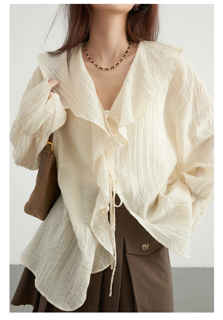 CHIC VEN Women Shirt Loose Casual Ruffled Edges Female Blouses V Neck Lace Up Mid Length Woman Shirts Spring Summer 2024 - Smarsty