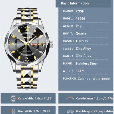 Poshi Men's Waterproof Luminous Quartz Watch with Dual Calendar - Smarsty