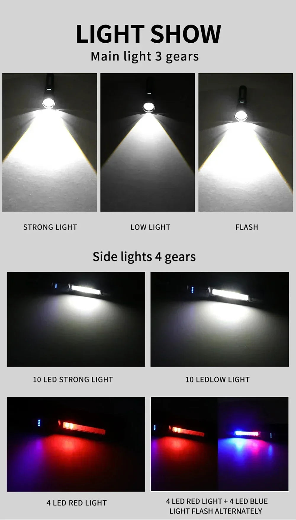 Rechargeable LED Flashlight Zoomable Torch with COB Side Led 7 Modes Waterproof High Power Hand Light Outdoor Wilderness Camping