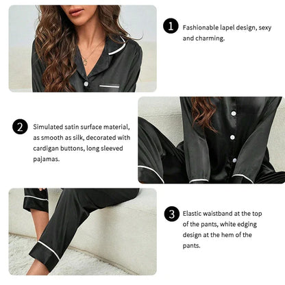 Plus Size Autumn and Winter Silk Pajamas Women Tops and Pants Solid Casual Soft Nightwear Buttons Cardigan Sleepwear Homewear - Smarsty