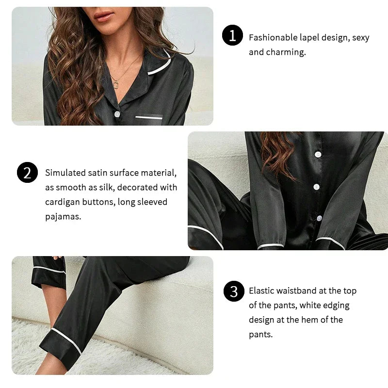 Plus Size Autumn and Winter Silk Pajamas Women Tops and Pants Solid Casual Soft Nightwear Buttons Cardigan Sleepwear Homewear - Smarsty