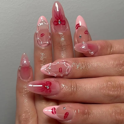 24 Piece Pink Almond Fake Nail Set With Bowknot Design - Smarsty