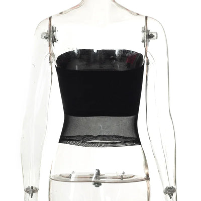 Mesh Corset Black Crop Top Women Patchwork Tube Top Sexy Sleeveless Off Shoulder Cami Summer Streetwear Slim Strapless Tank Tops - Smarsty