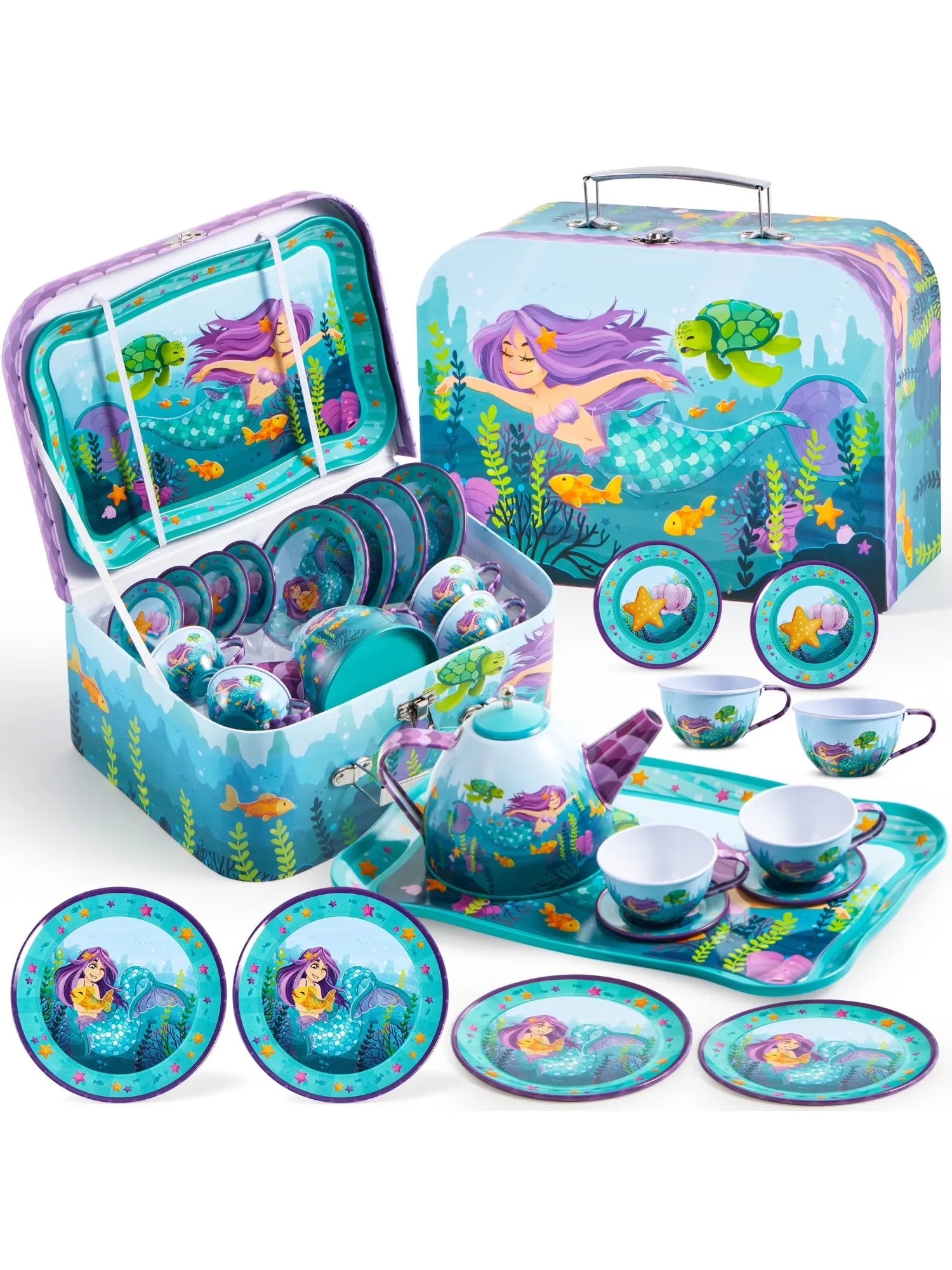 Joyfy Kid Tea Set Mermaid Tea Party Set Princess Pretend Play Tin Teapot Set Kitchen Toy for Girls Toddlers 2 3 4 5 6 Years Old - Smarsty