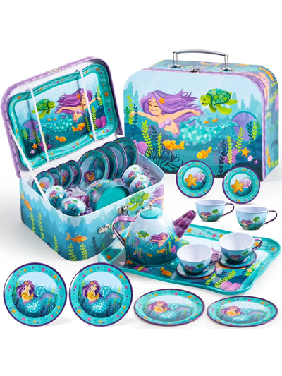 Joyfy Kid Tea Set Mermaid Tea Party Set Princess Pretend Play Tin Teapot Set Kitchen Toy for Girls Toddlers 2 3 4 5 6 Years Old - Smarsty