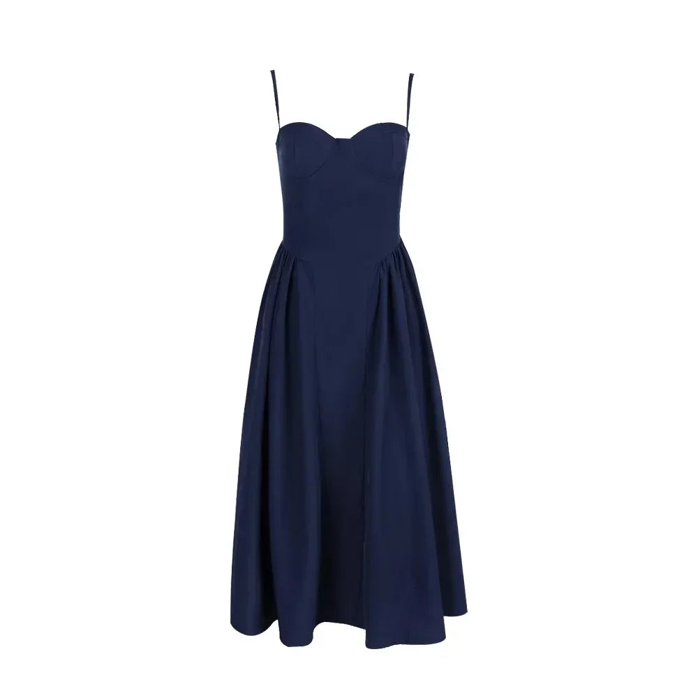 Suninheart Elegant Spaghetti Strap Midi Dress Slim A Line Party Dresses Navy Blue Casual Birthday Holiday Dress Women's clothing - Smarsty